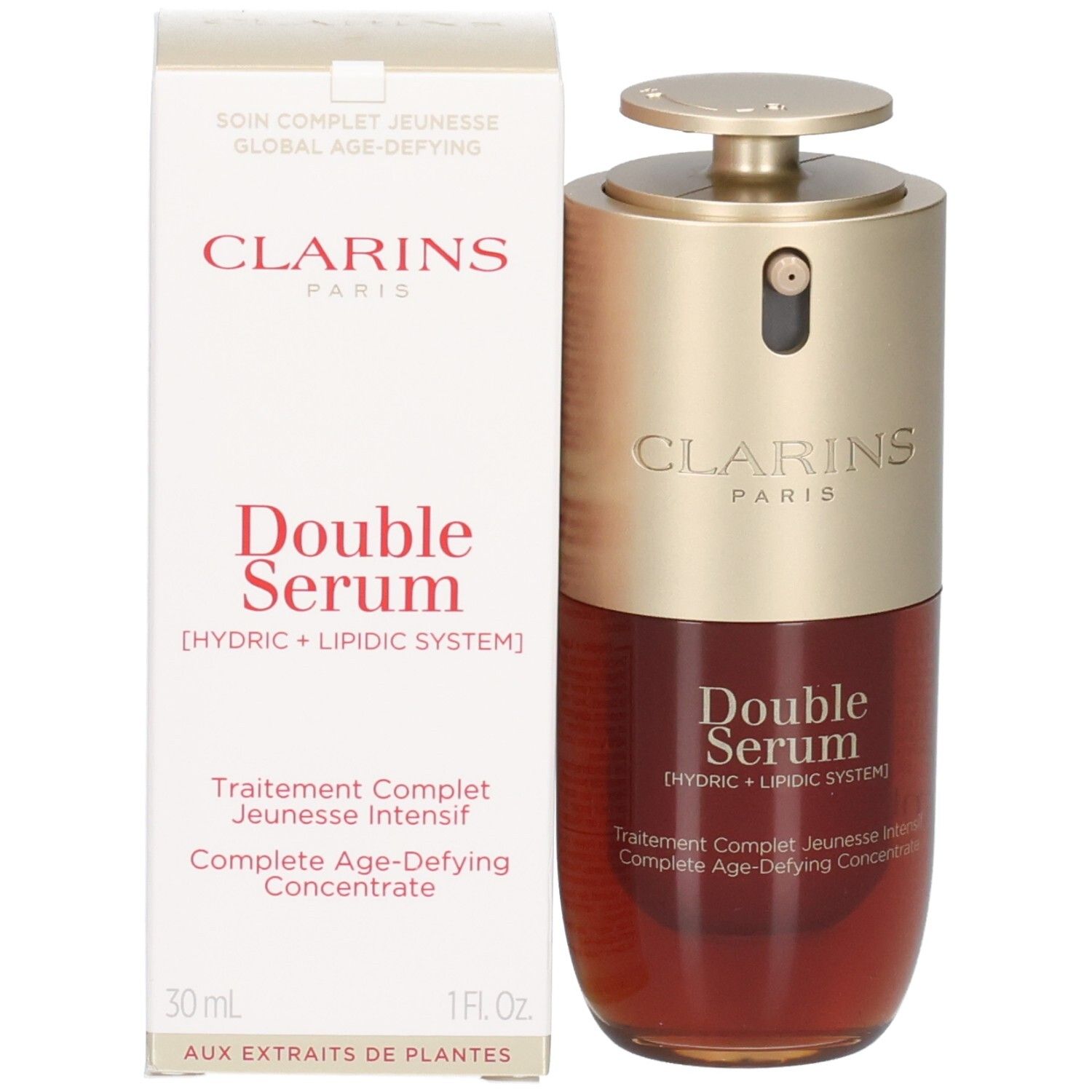 Flacon et emballage Clarins Double Serum, bouchon doré, liquide rouge.