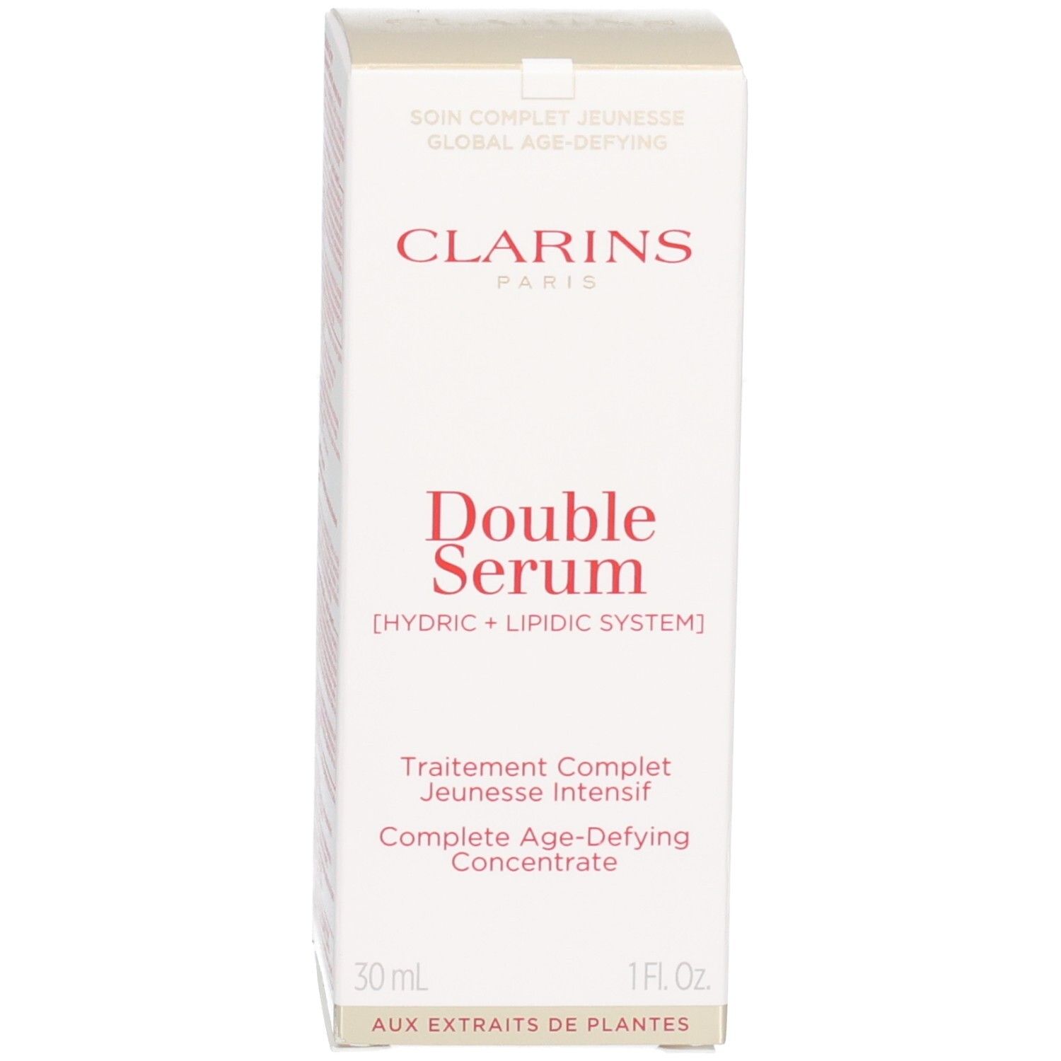 Emballage Clarins Double Serum, blanc avec texte rouge, 30ml.