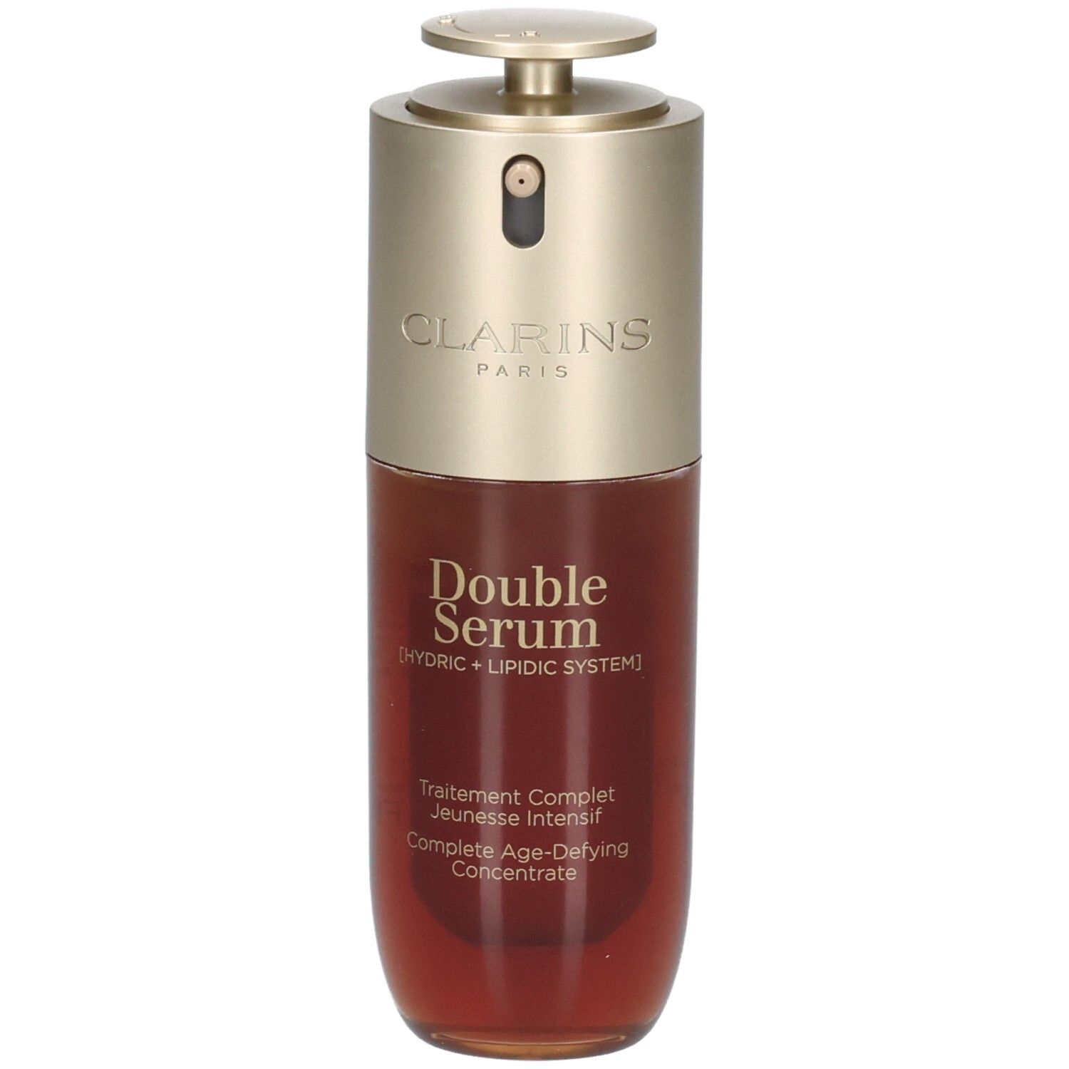 Flacon Clarins Double Serum avec pompe, bouchon doré, sérum brun.