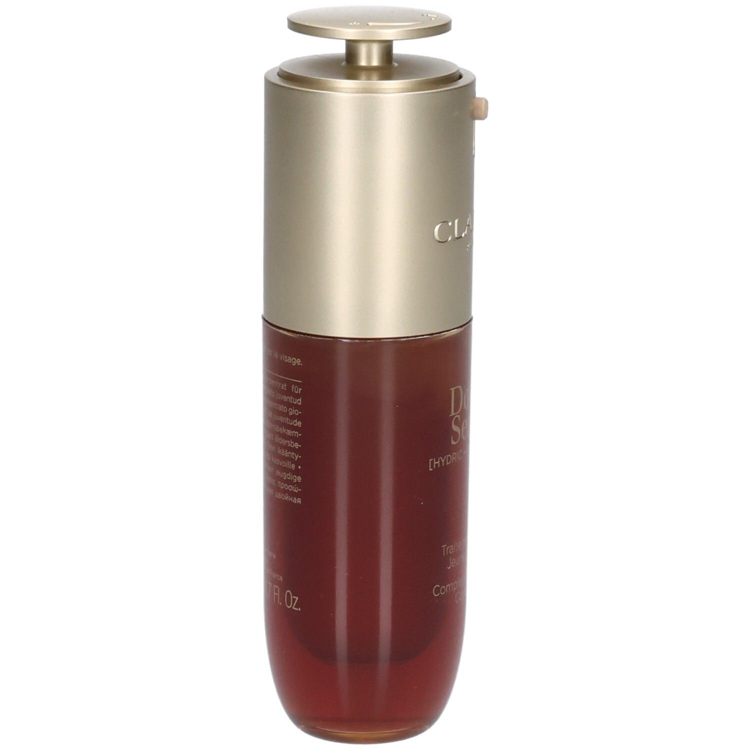 Flacon Clarins Double Serum, vue de côté, pompe dorée, sérum brun.