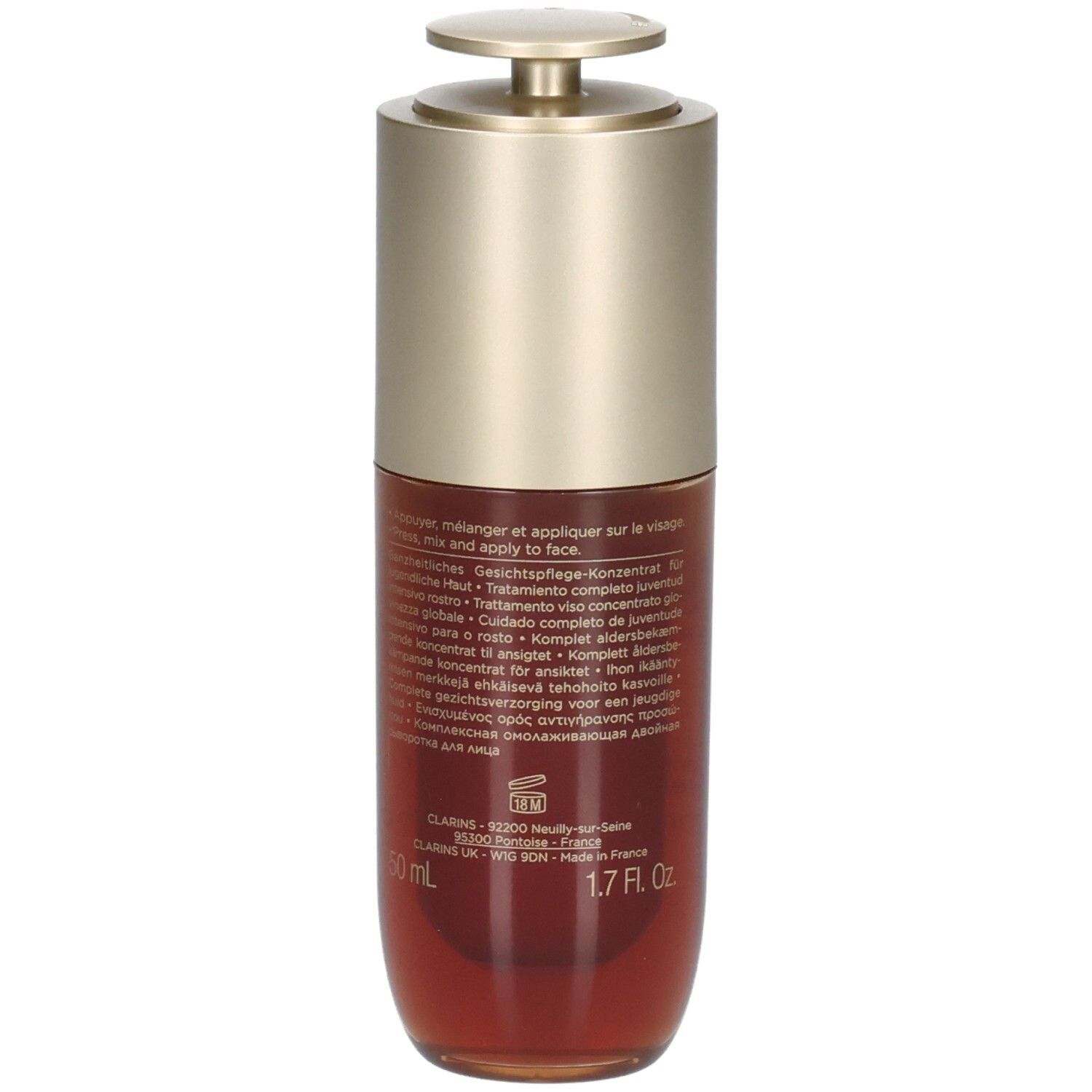 Flacon Clarins Double Serum avec texte, pompe dorée, sérum brun, 50 ml.