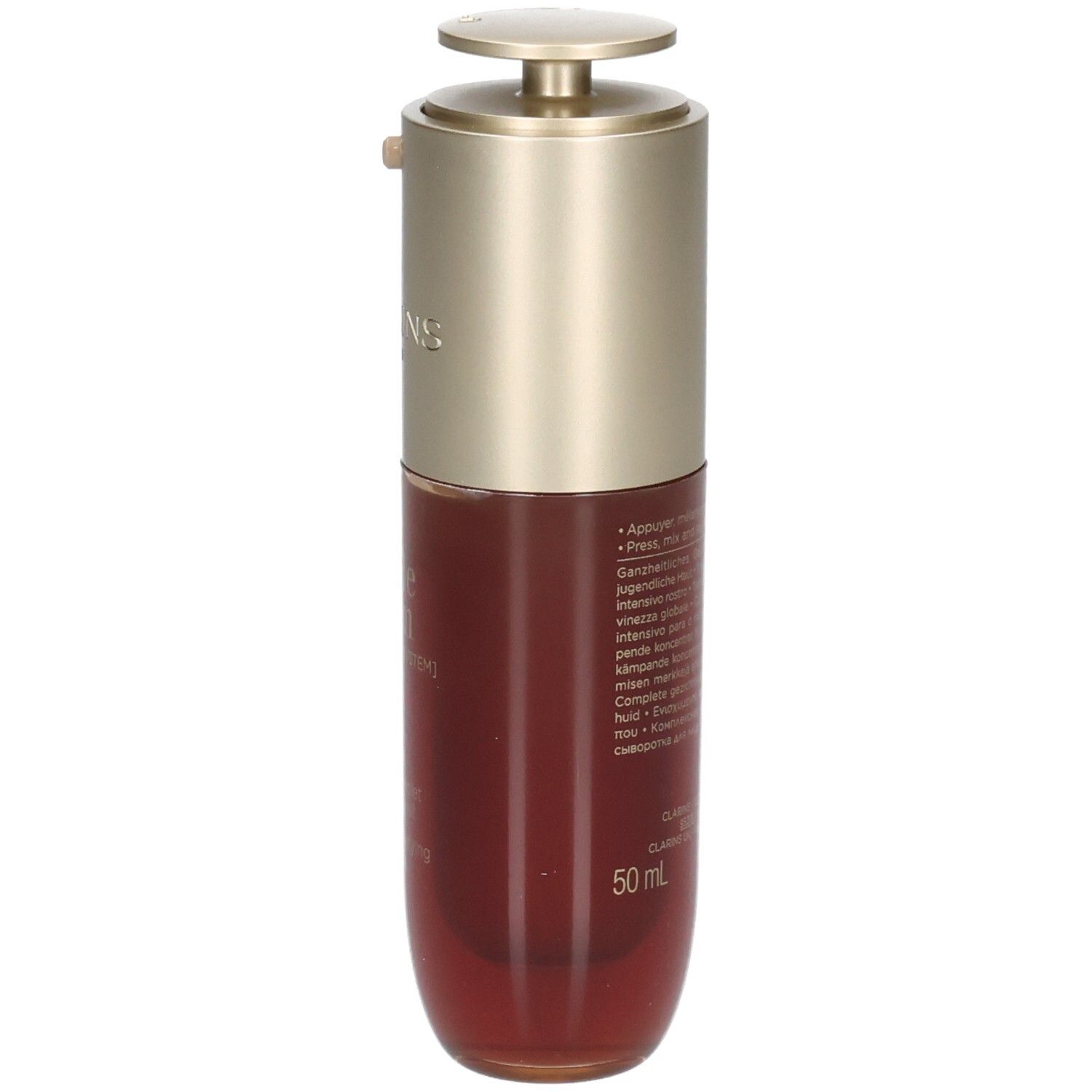 Flacon Clarins Double Serum, pompe dorée, sérum brun, 50 ml.