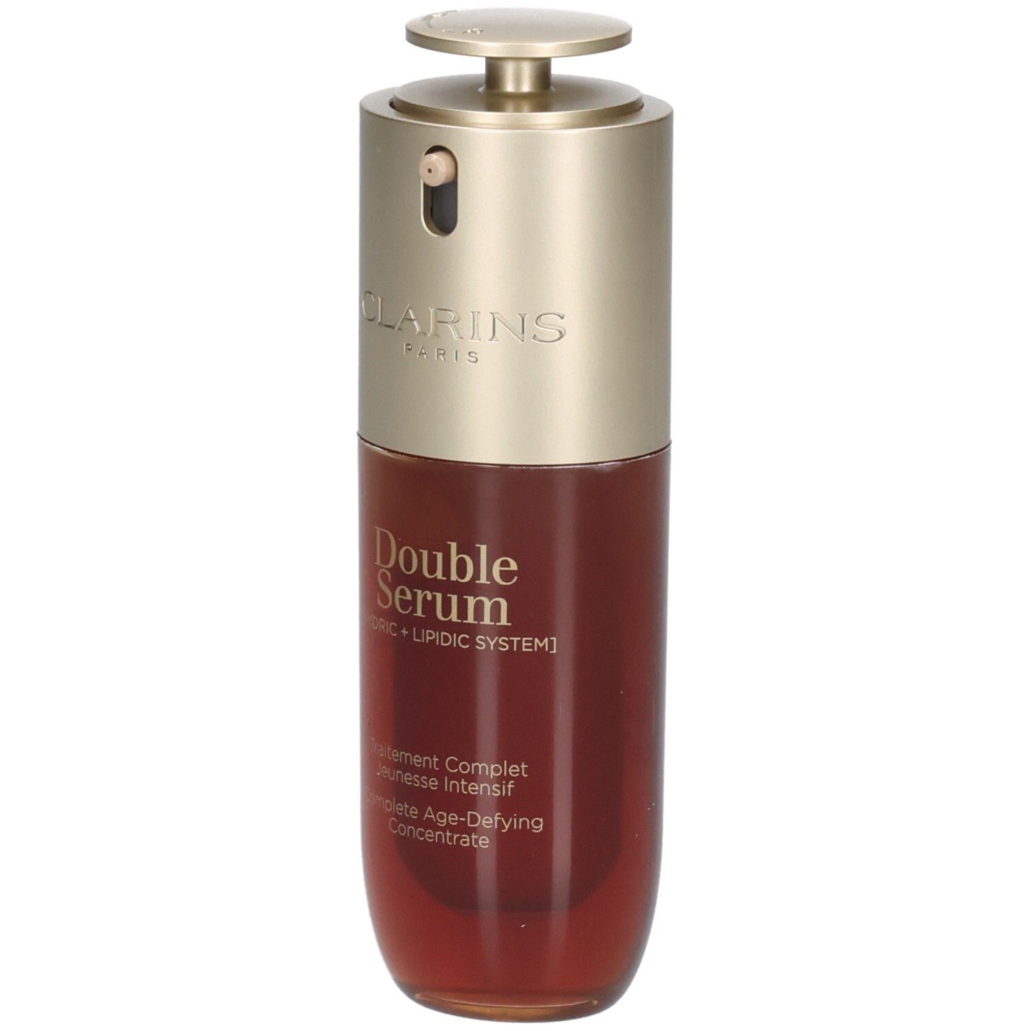 Flacon Clarins Double Serum avec pompe, bouchon doré, sérum brun.