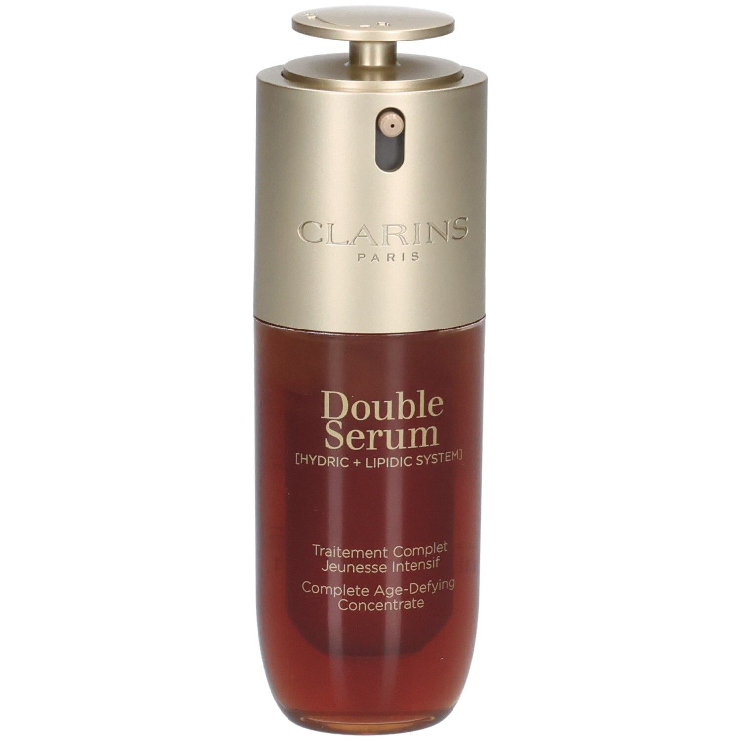 Flacon Clarins Double Serum avec pompe, bouchon doré, sérum brun.