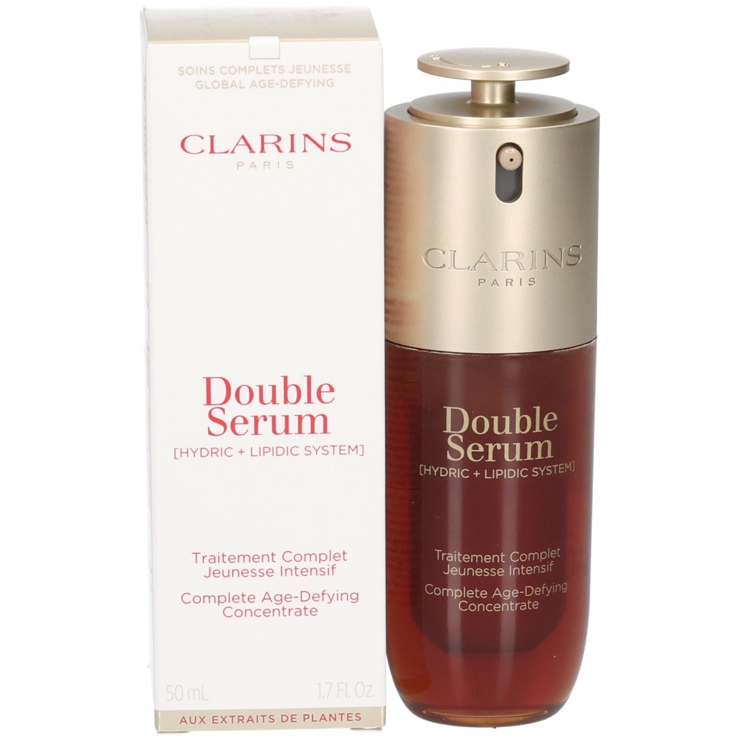 Flacon Clarins Double Serum et boîte, pompe dorée, sérum brun.