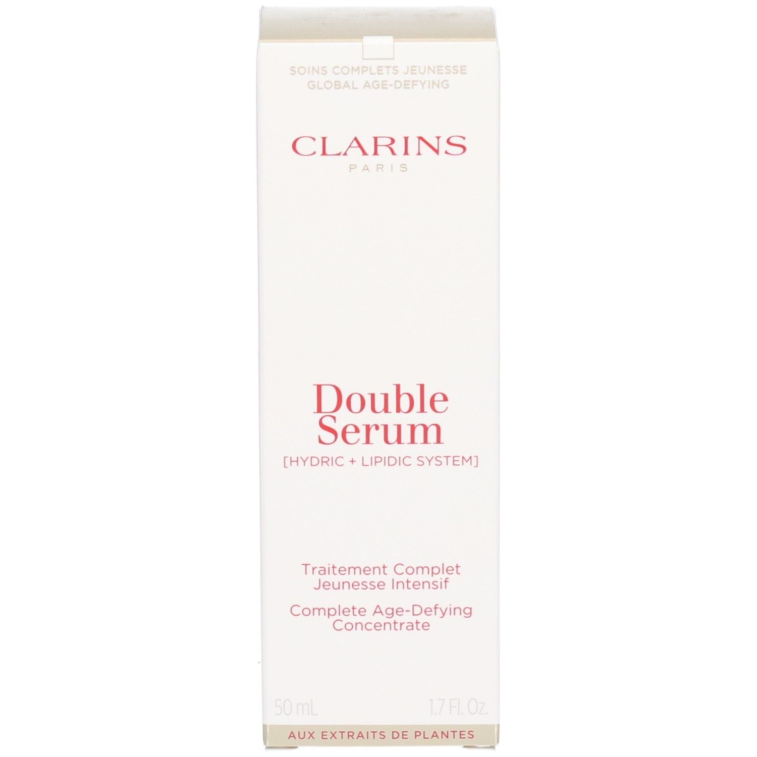 Boîte Clarins Double Serum, pompe dorée, sérum brun, 50 ml.