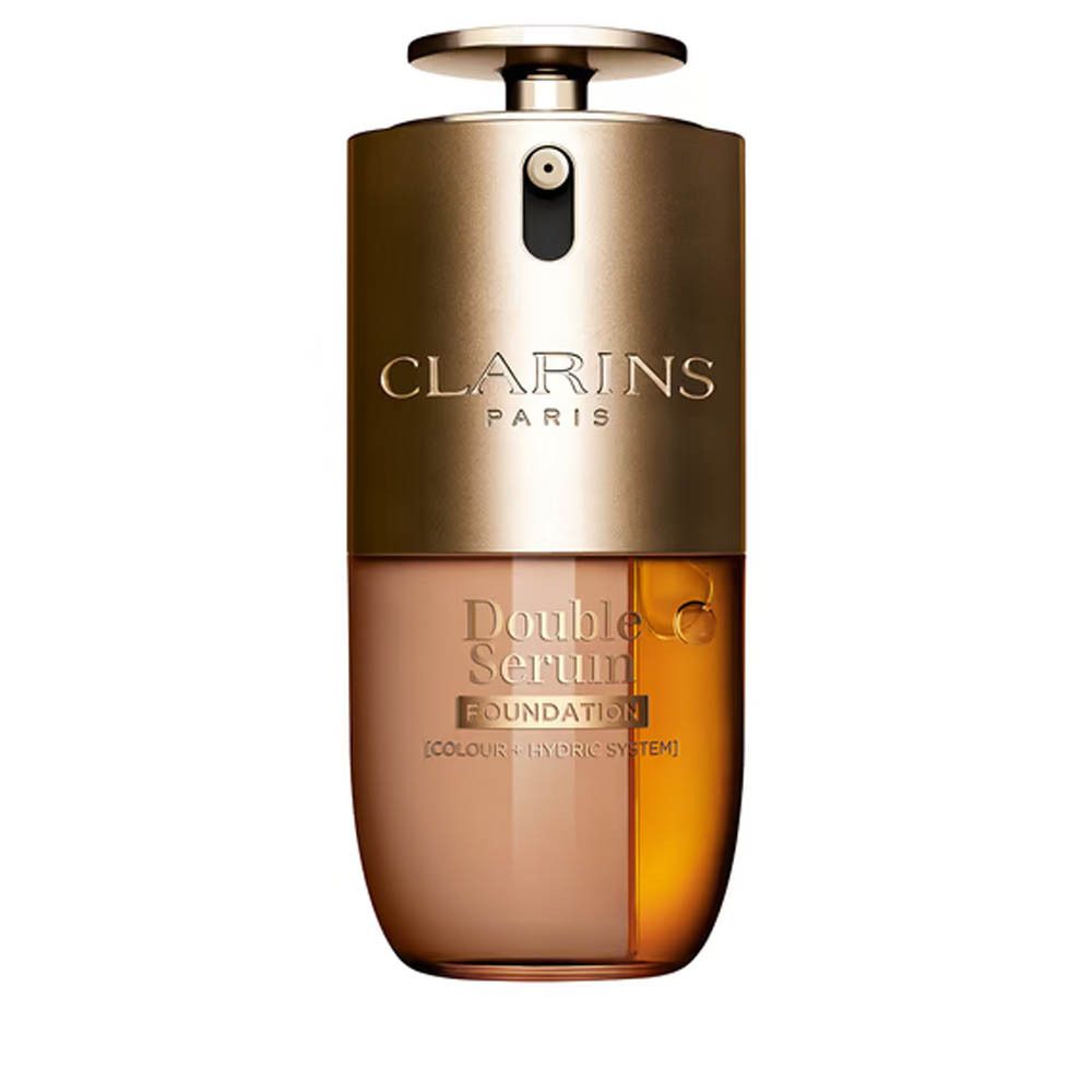 Flacon Clarins Double Serum Foundation avec pompe dorée et contenu bicolore.