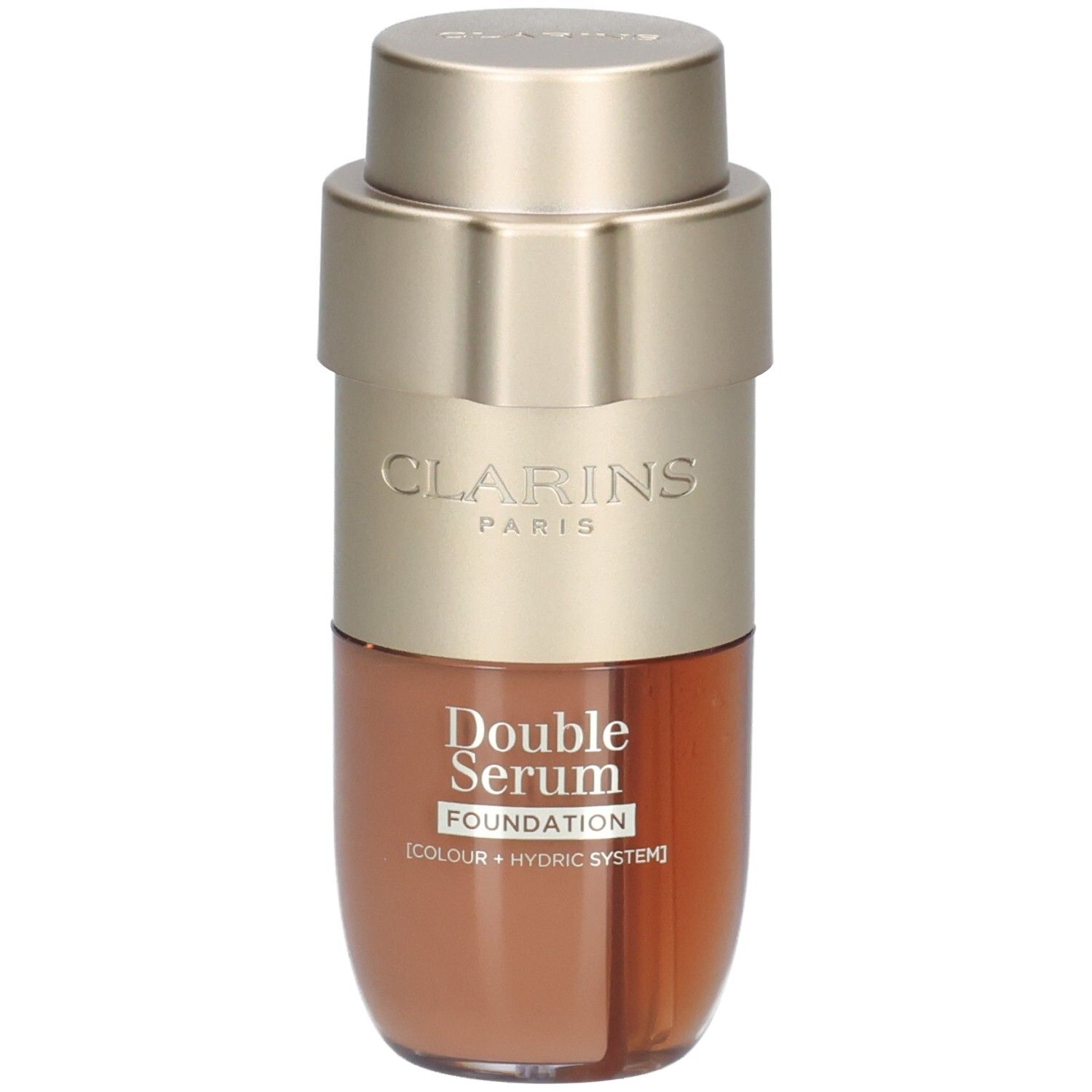 Flacon Clarins Double Serum Foundation avec pompe dorée et contenu brun.
