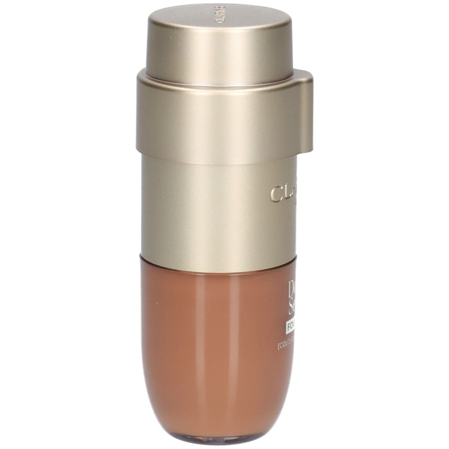 Flacon Clarins Double Serum Foundation avec pompe dorée et contenu brun clair.