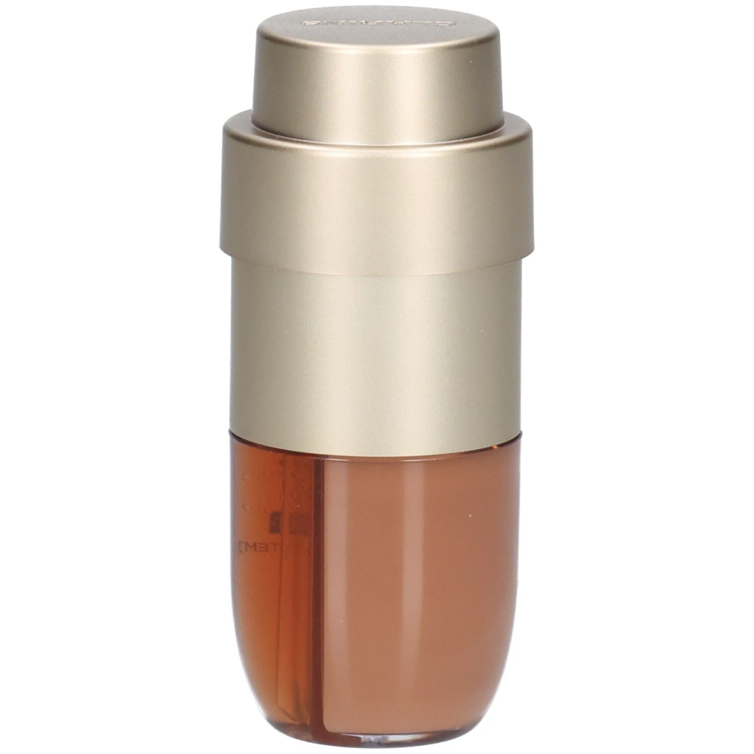 Flacon Clarins Double Serum Foundation avec pompe dorée et contenu brun.