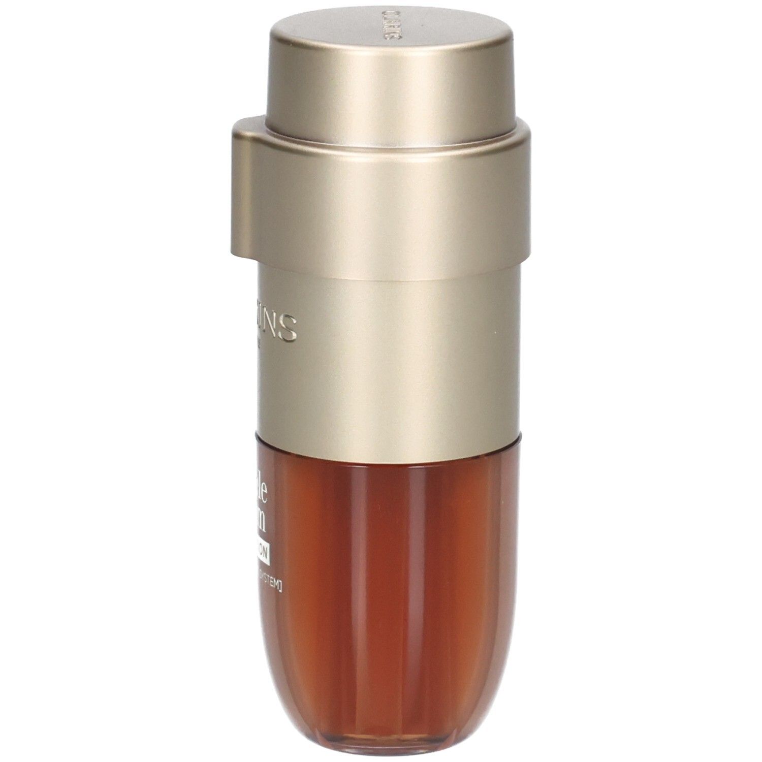 Flacon Clarins Double Serum Foundation avec pompe dorée et contenu brun.