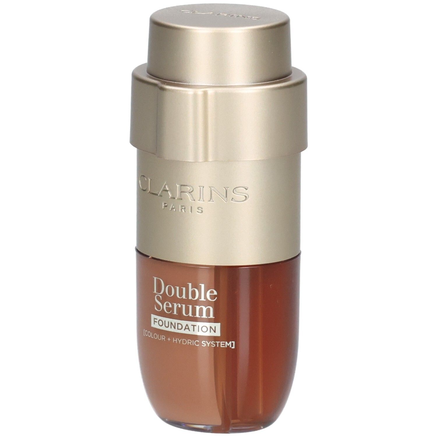 Flacon Clarins Double Serum Foundation avec pompe dorée et contenu brun.