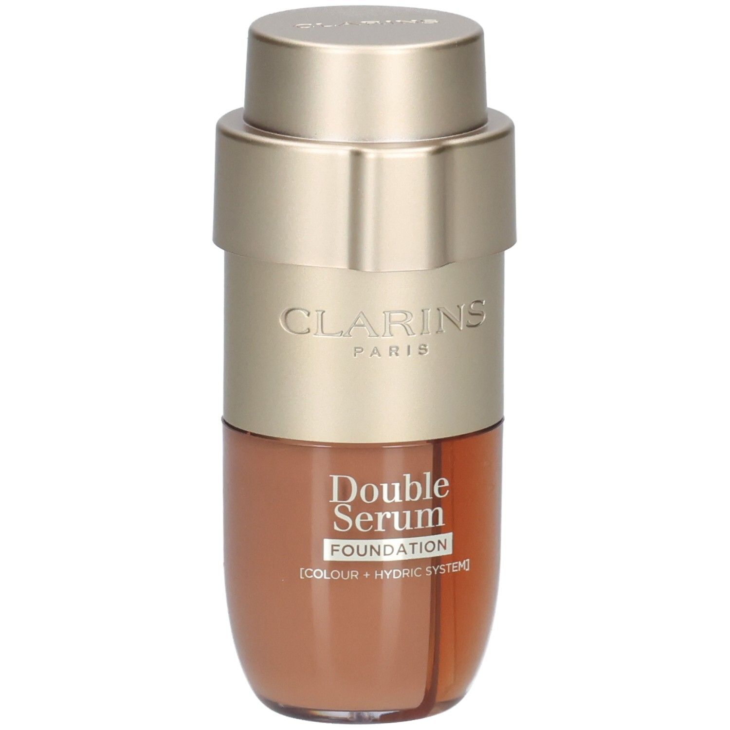 Flacon Clarins Double Serum Foundation avec pompe dorée et contenu brun.