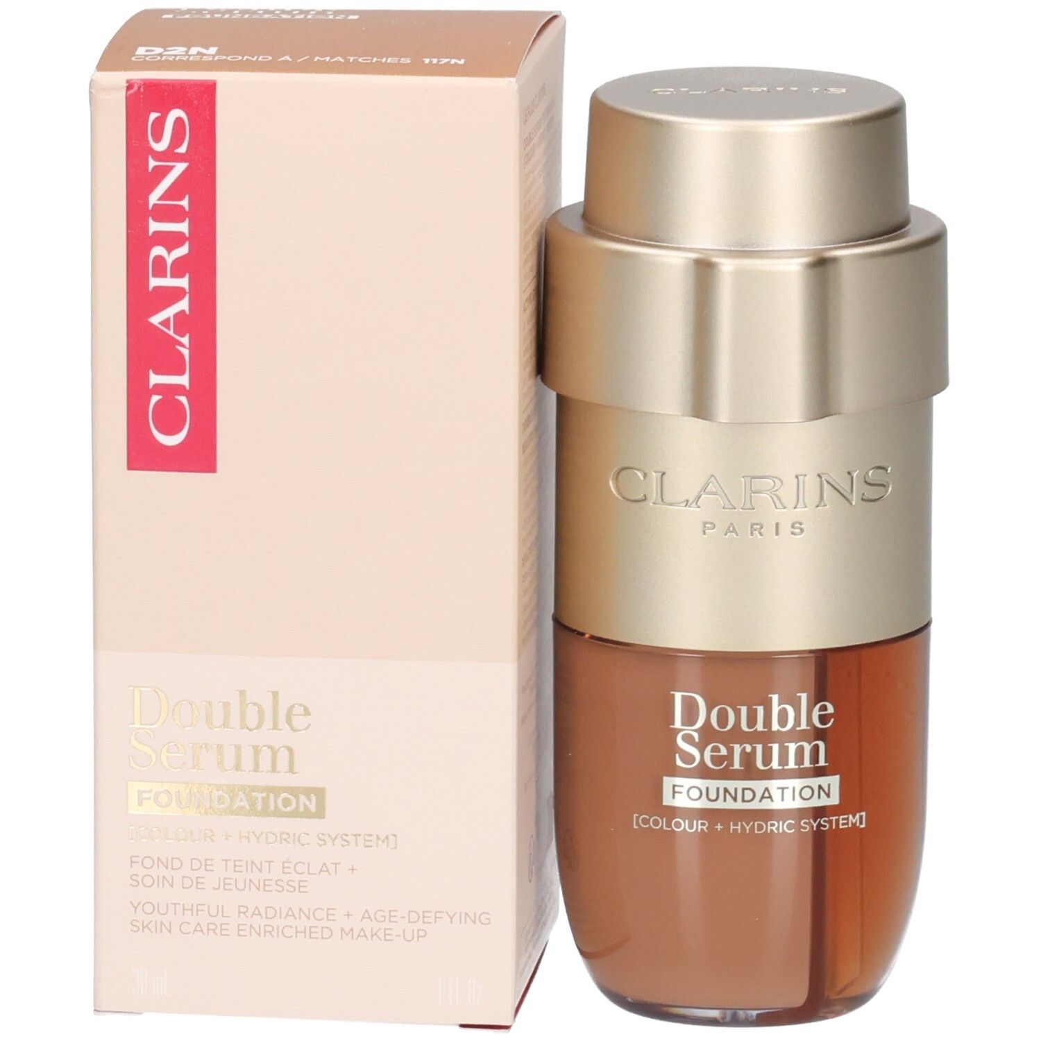 Flacon et boîte Clarins Double Serum Foundation avec pompe dorée et contenu brun.