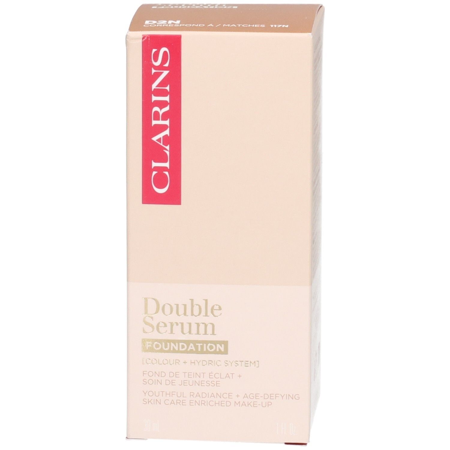 Boîte Clarins Double Serum Foundation avec informations produit.