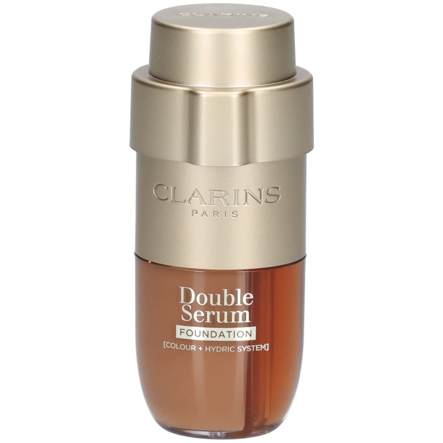 Flacon Clarins Double Serum Foundation avec pompe dorée et contenu brun.