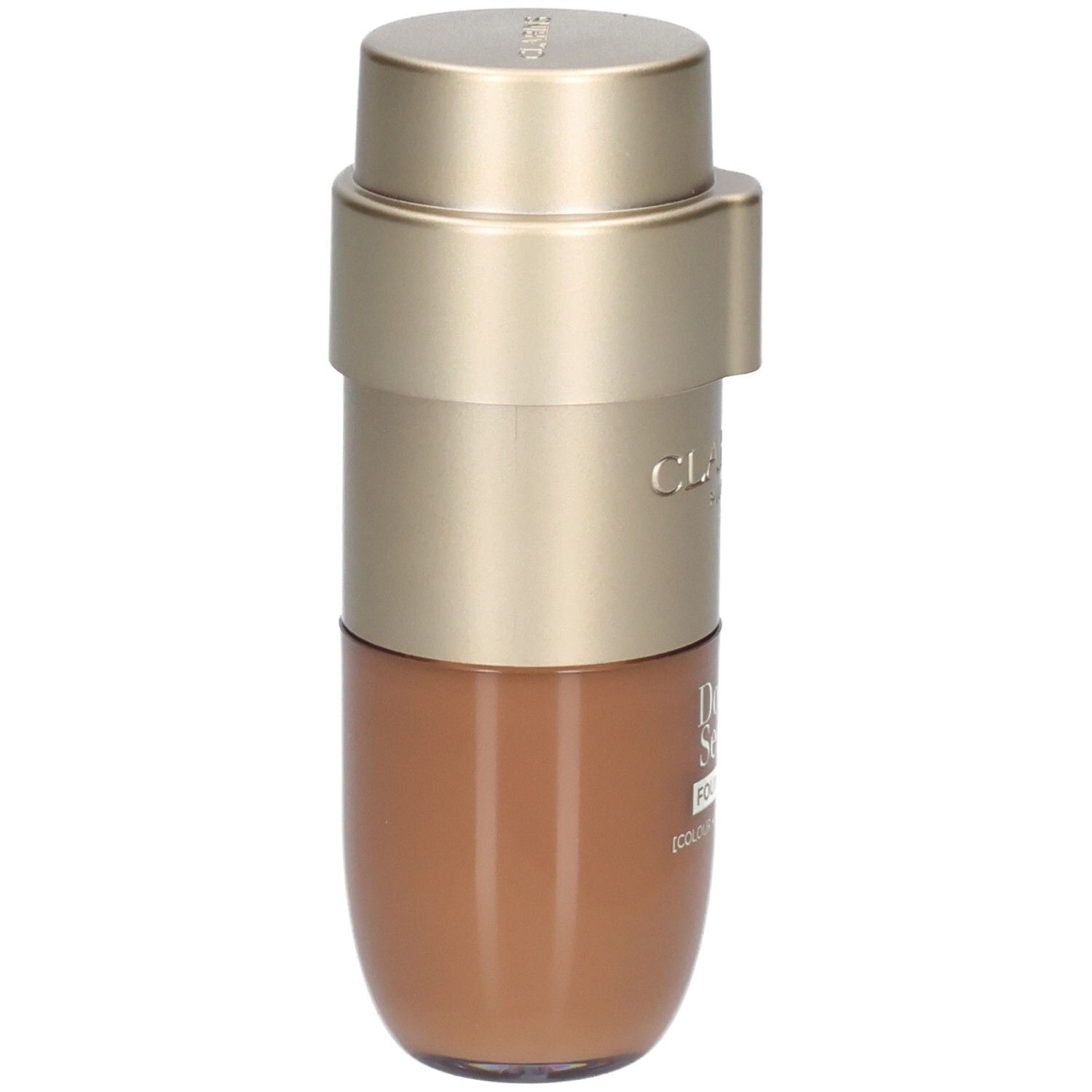 Flacon Clarins Double Serum Foundation, vue de face, pompe dorée, contenu brun.