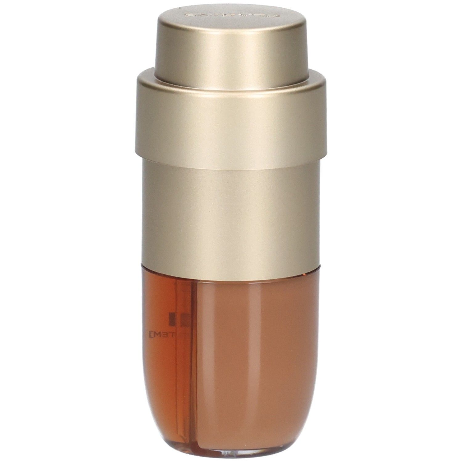 Flacon Clarins Double Serum Foundation, vue de côté, pompe dorée, contenu brun.