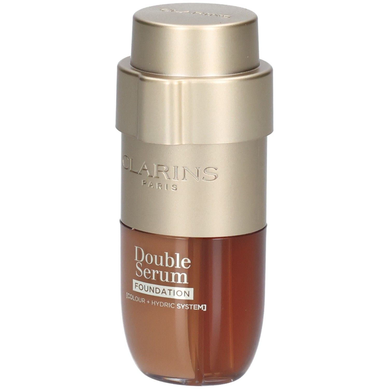 Flacon Clarins Double Serum Foundation avec pompe dorée et contenu brun.