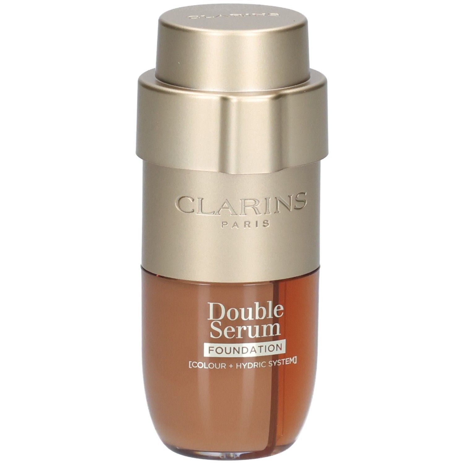 Flacon Clarins Double Serum Foundation avec pompe dorée et contenu brun.