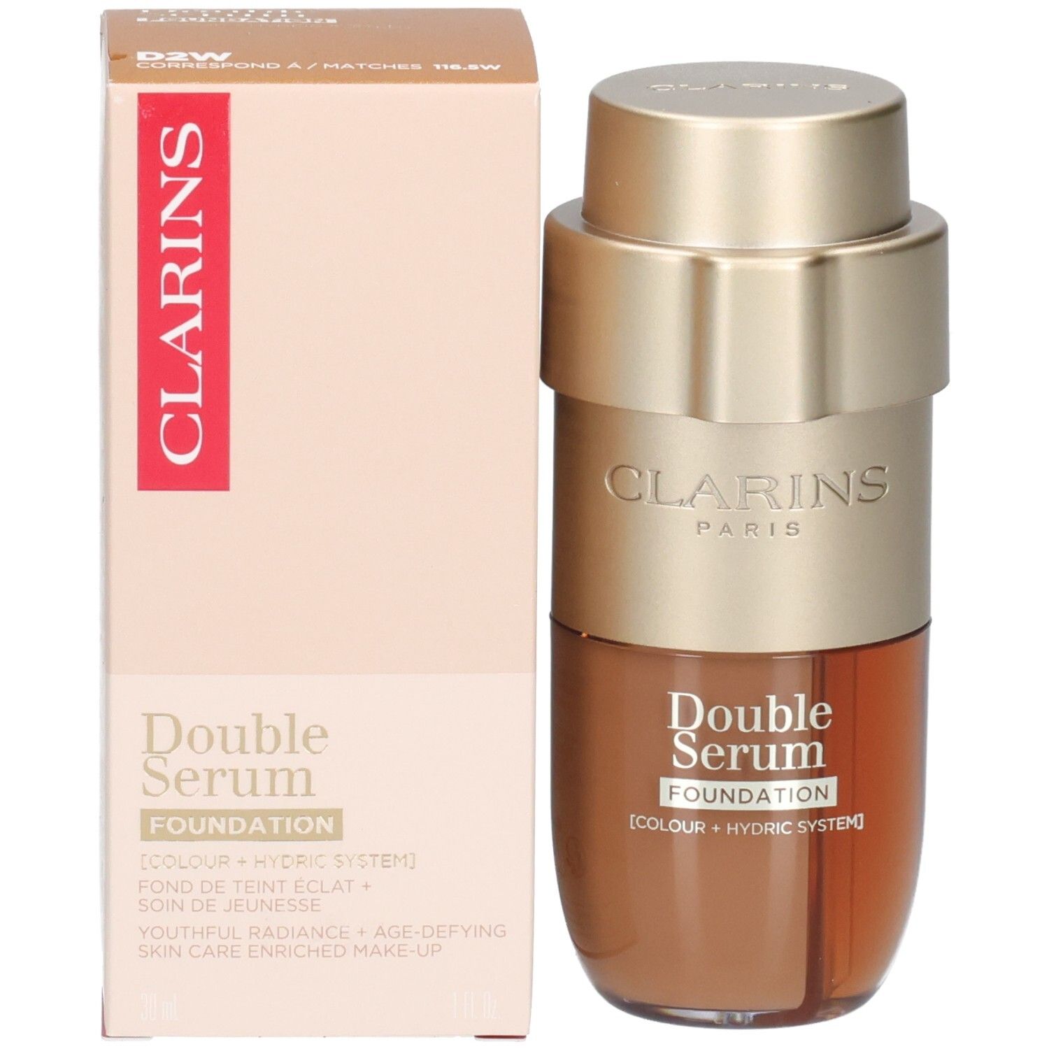 Flacon et emballage Clarins Double Serum Foundation, pompe dorée, contenu brun.