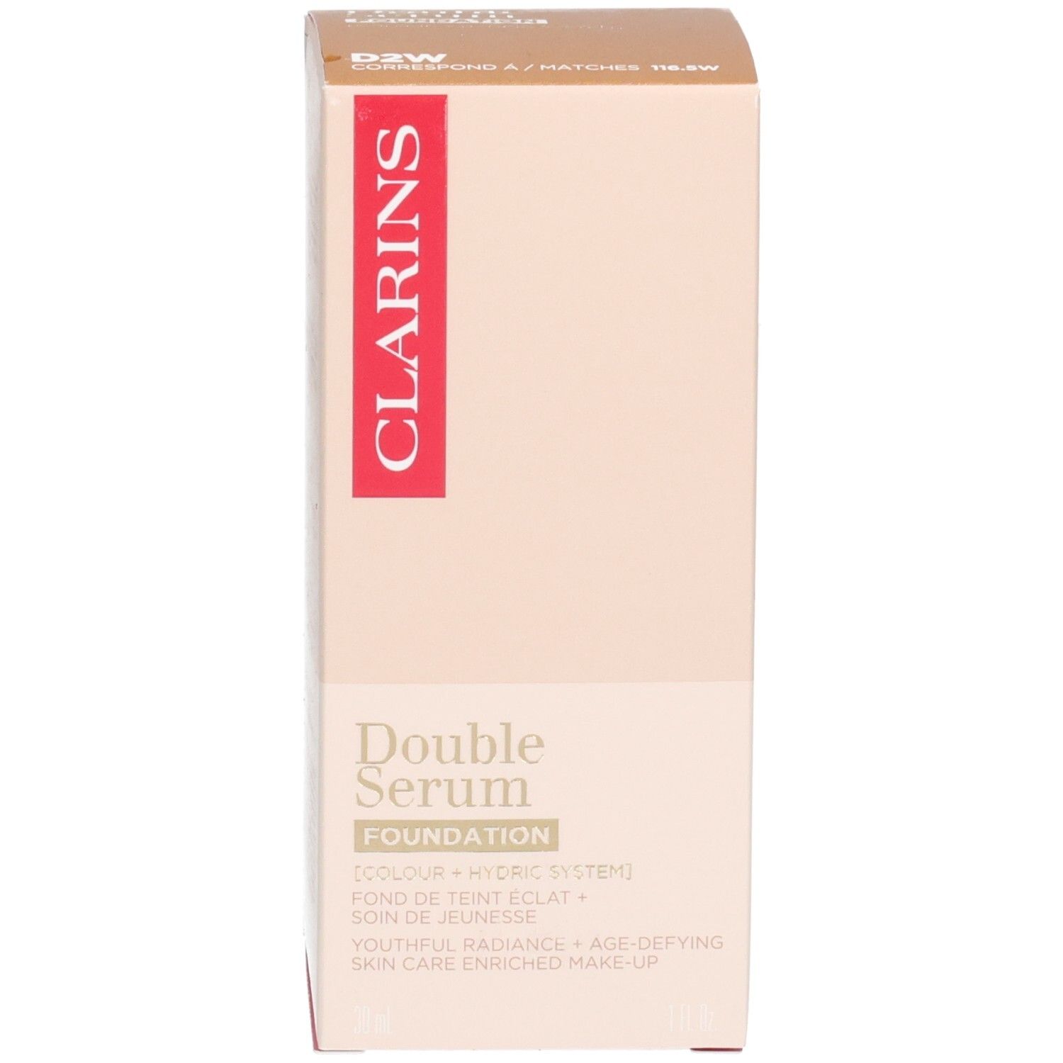 Emballage Clarins Double Serum Foundation, boîte en carton beige avec texte.