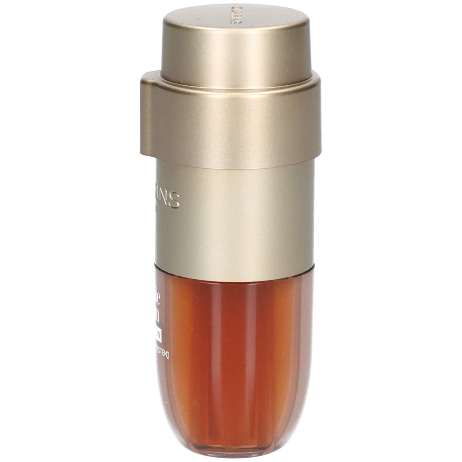 Flacon Clarins Double Serum Foundation de côté, avec pompe dorée et deux compartiments.