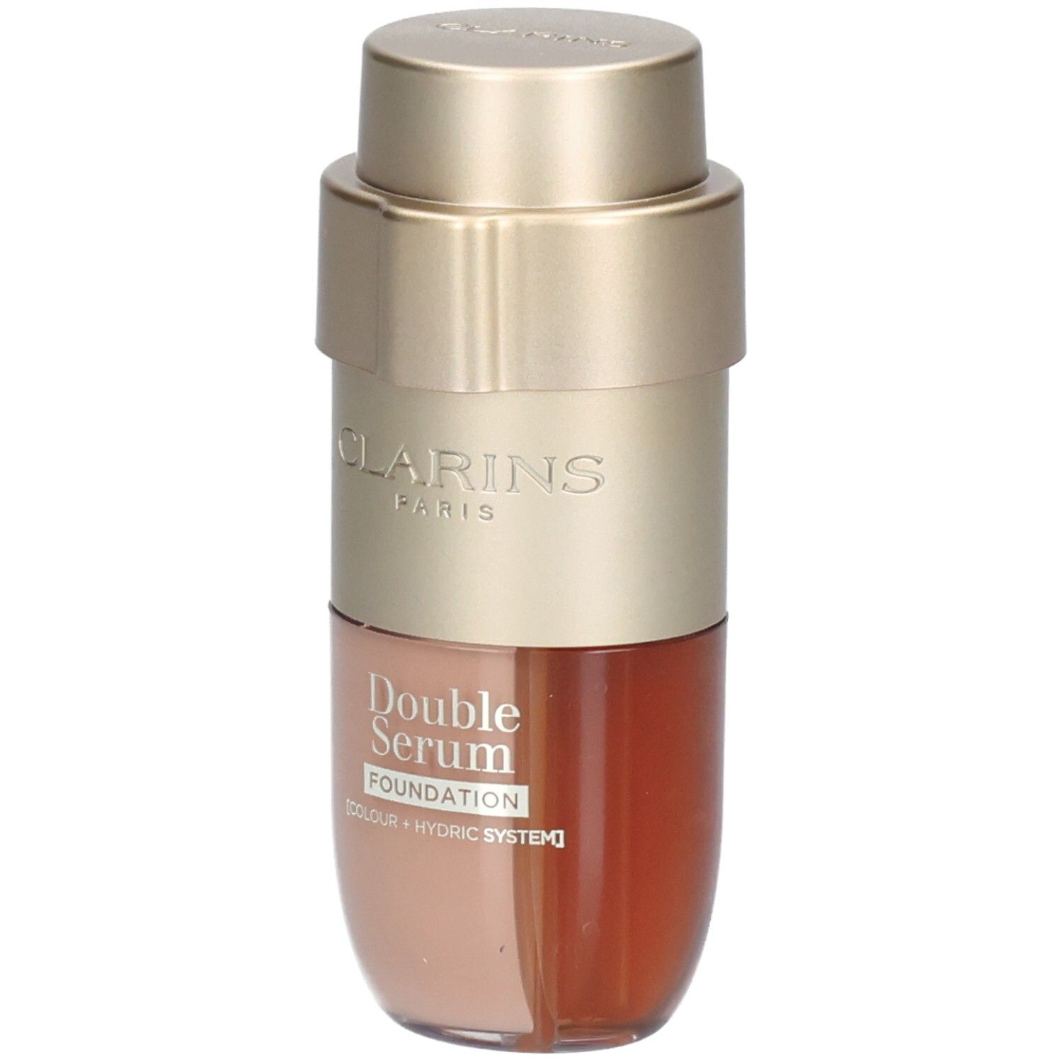 Flacon Clarins Double Serum Foundation avec pompe dorée, deux compartiments pour sérum et fond de teint.