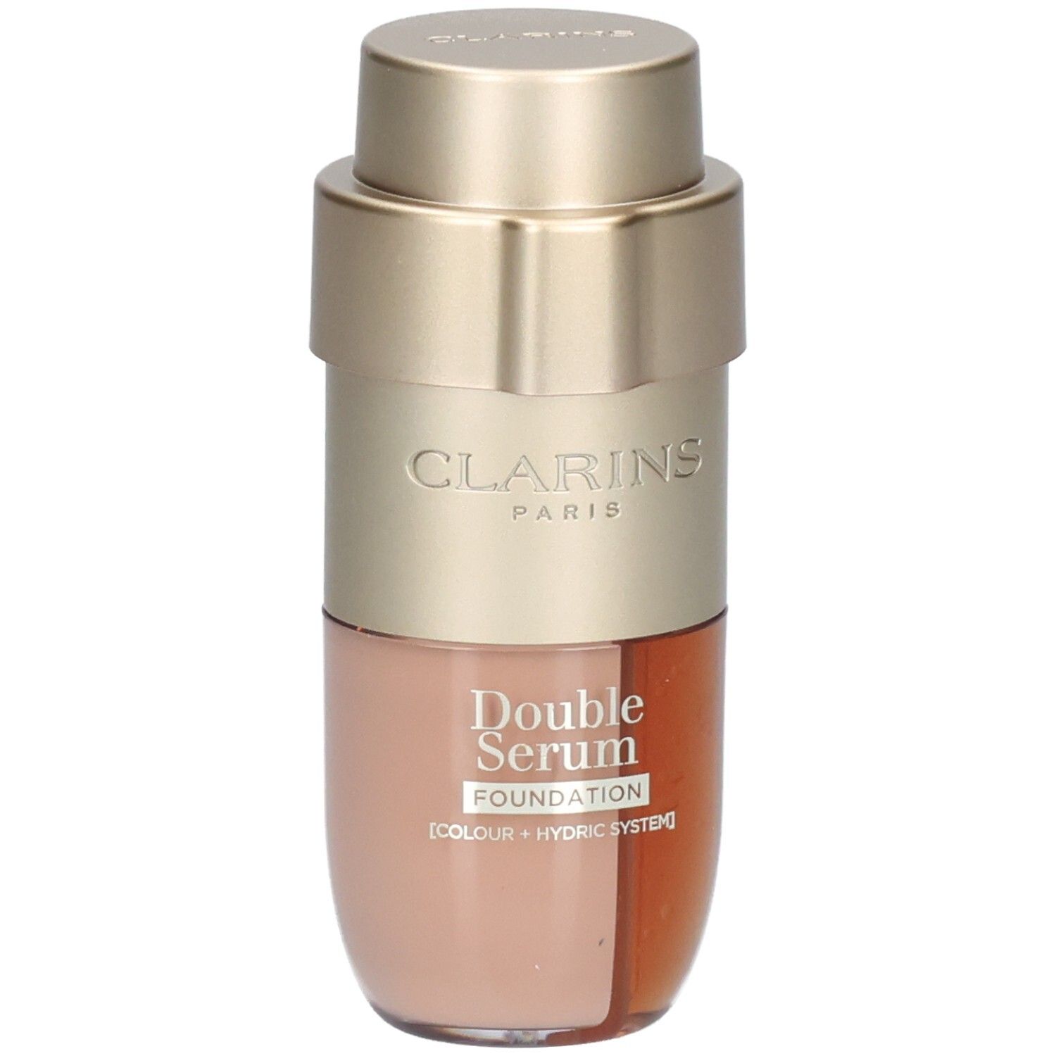 Flacon Clarins Double Serum Foundation avec pompe dorée, montrant les deux compartiments de sérum et de fond de teint.