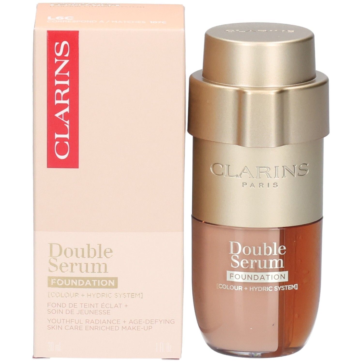 Flacon et emballage Clarins Double Serum Foundation. Flacon avec pompe dorée.