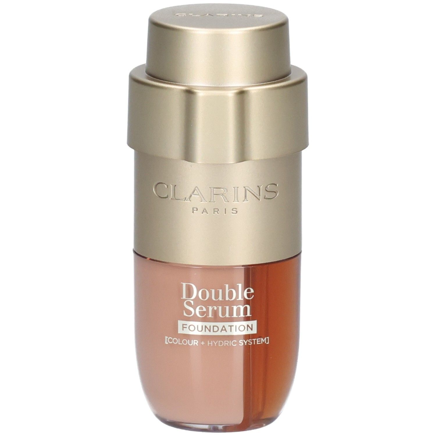 Clarins Double Serum Foundation M1C dans un emballage doré et pêche. Flacon à deux compartiments avec pompe.