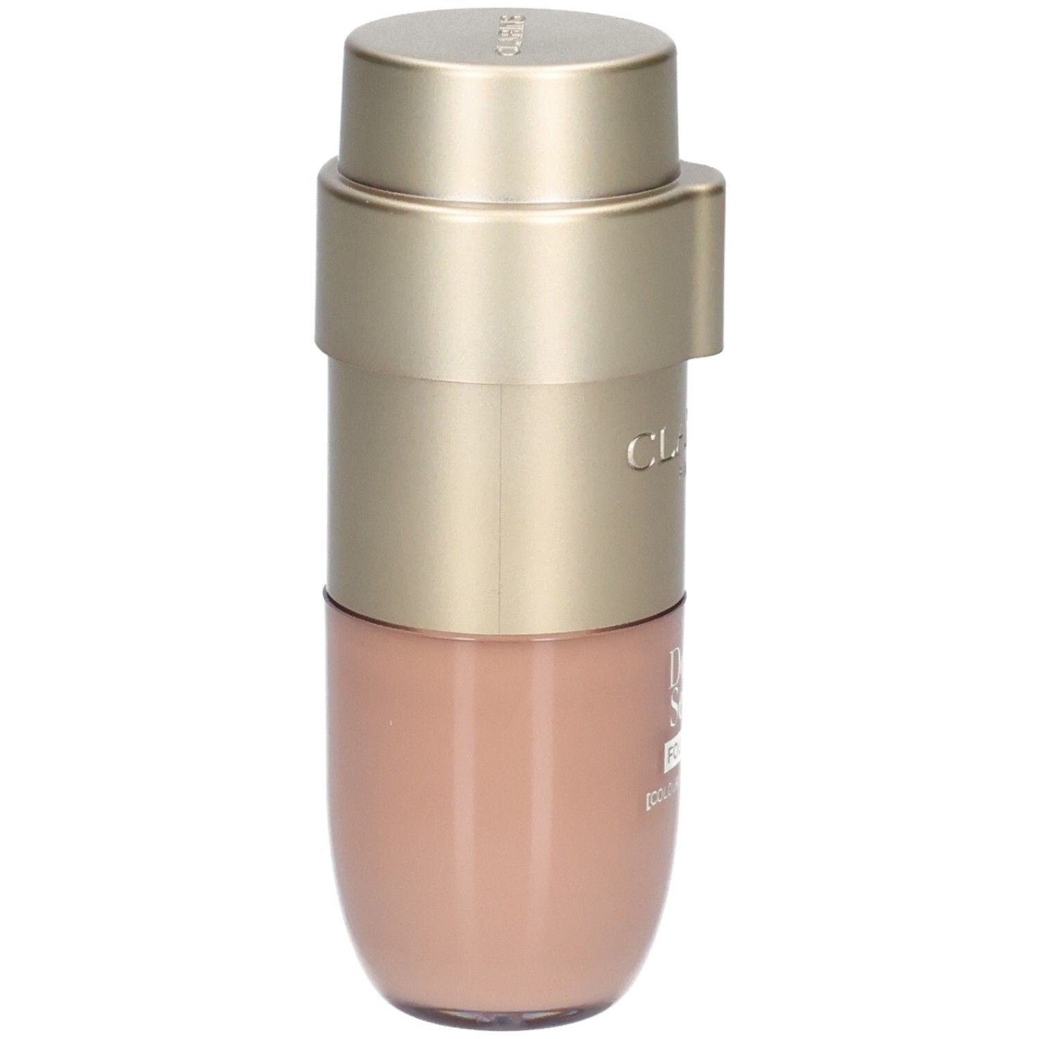 Clarins Double Serum Foundation M1C, pompe dorée, fond de teint pêche dans un récipient cylindrique.