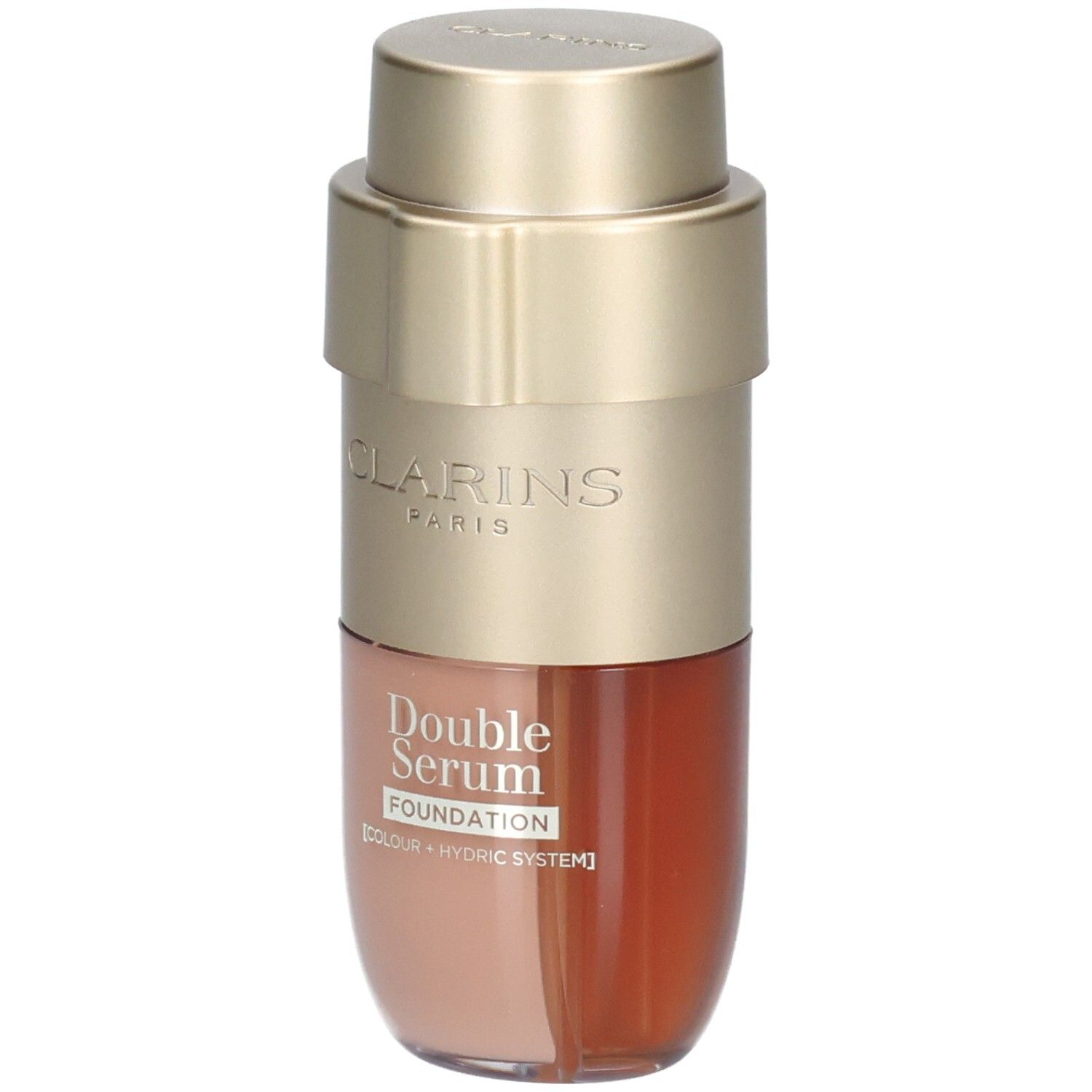 Clarins Double Serum Foundation M1C, pompe dorée, bouchon doré, flacon à deux compartiments.