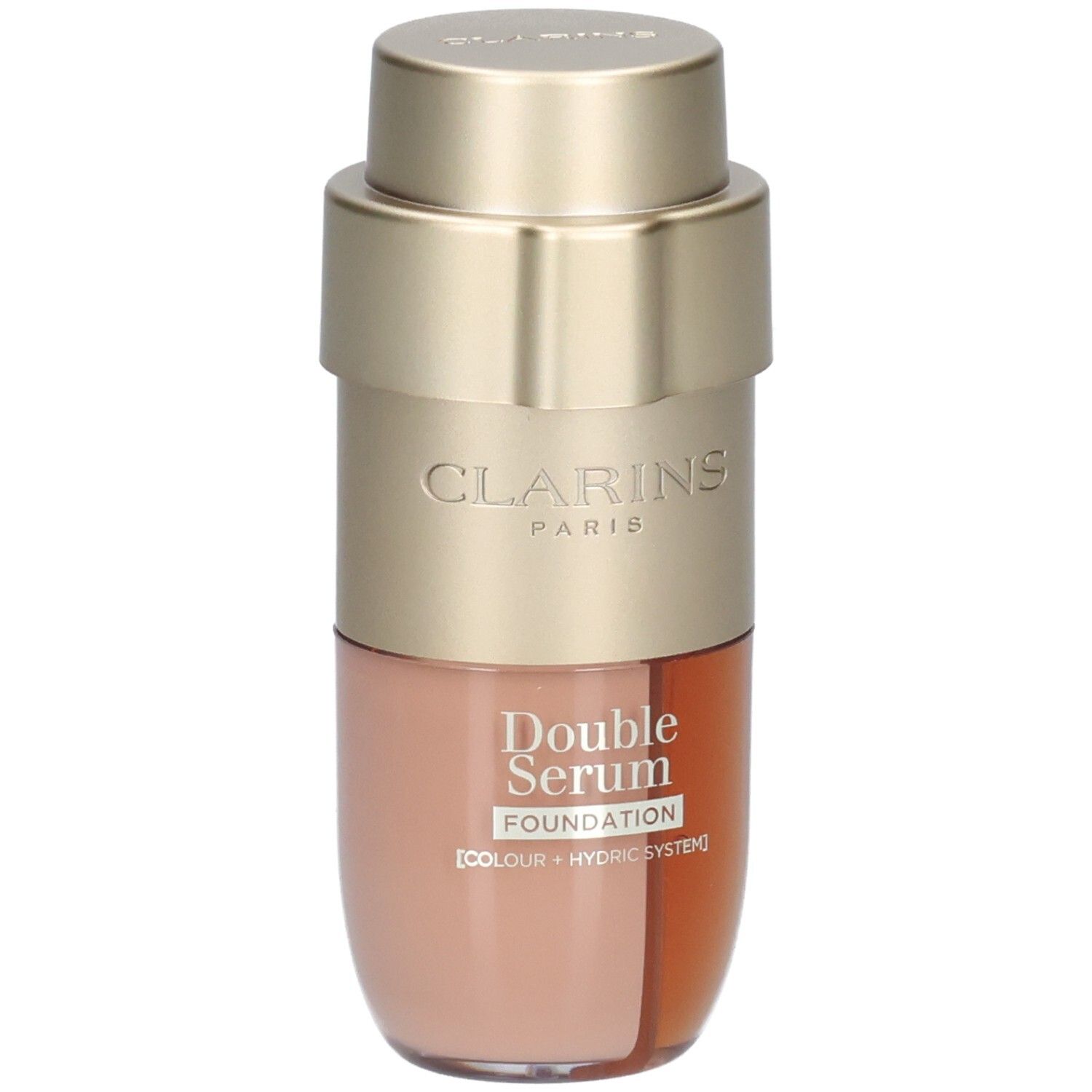 Clarins Double Serum Foundation M1C, pompe dorée, bouchon doré, flacon à deux compartiments.