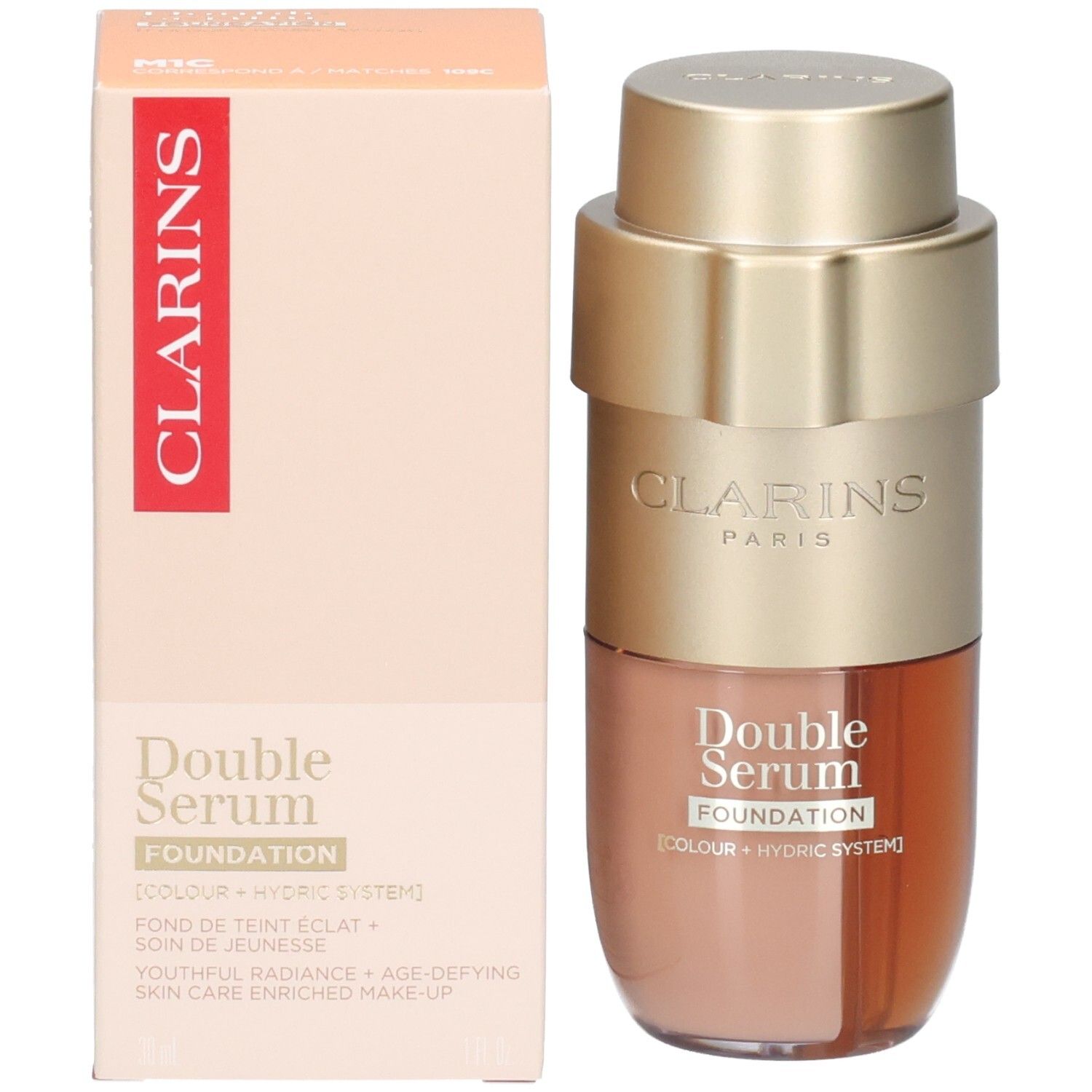 Clarins Double Serum Foundation M1C et emballage. Pompe dorée, flacon à deux compartiments, boîte.