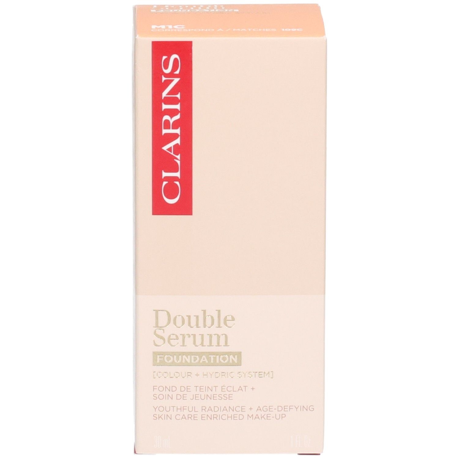Boîte Clarins Double Serum Foundation M1C. Pompe dorée, flacon à deux compartiments, texte sur le devant.