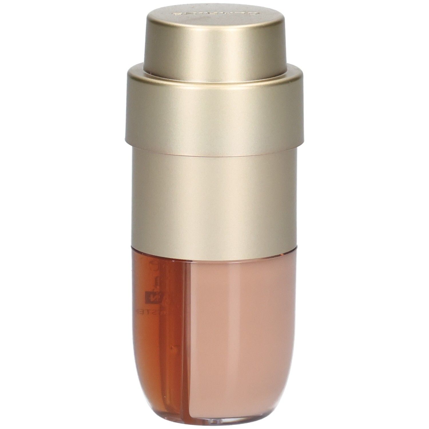 Clarins Double Serum Foundation M2N : flacon pompe doré, compartiment inférieur montrant le fond de teint beige et le sérum brun doré.