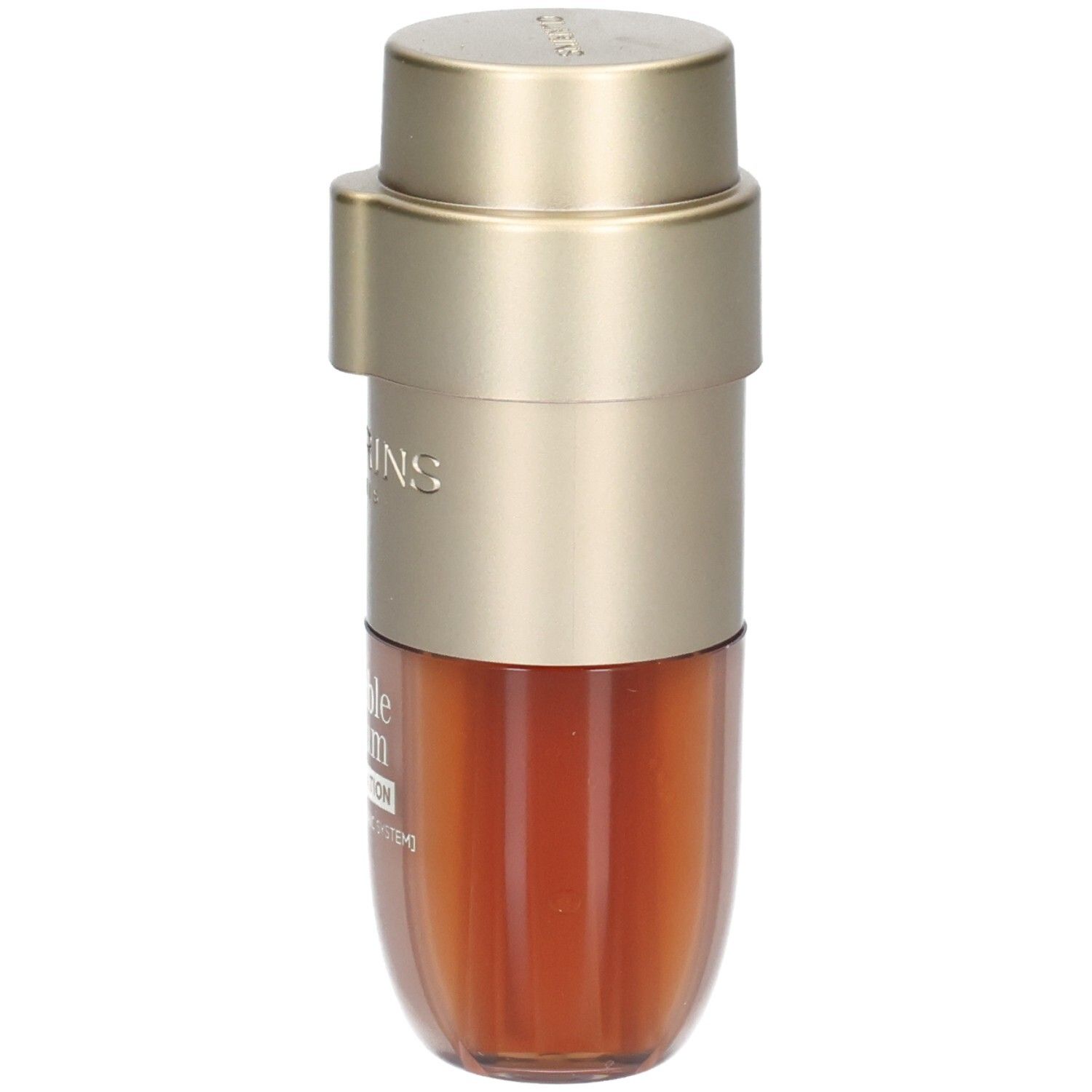 Clarins Double Serum Foundation M2N : flacon pompe doré, compartiment inférieur montrant le sérum brun doré.