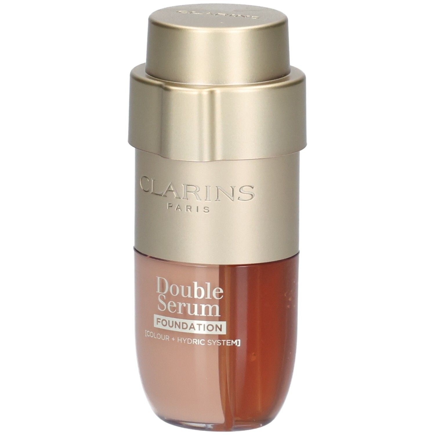 Clarins Double Serum Foundation M2N : flacon pompe doré à deux compartiments, l'un avec fond de teint beige, l'autre avec sérum brun doré.