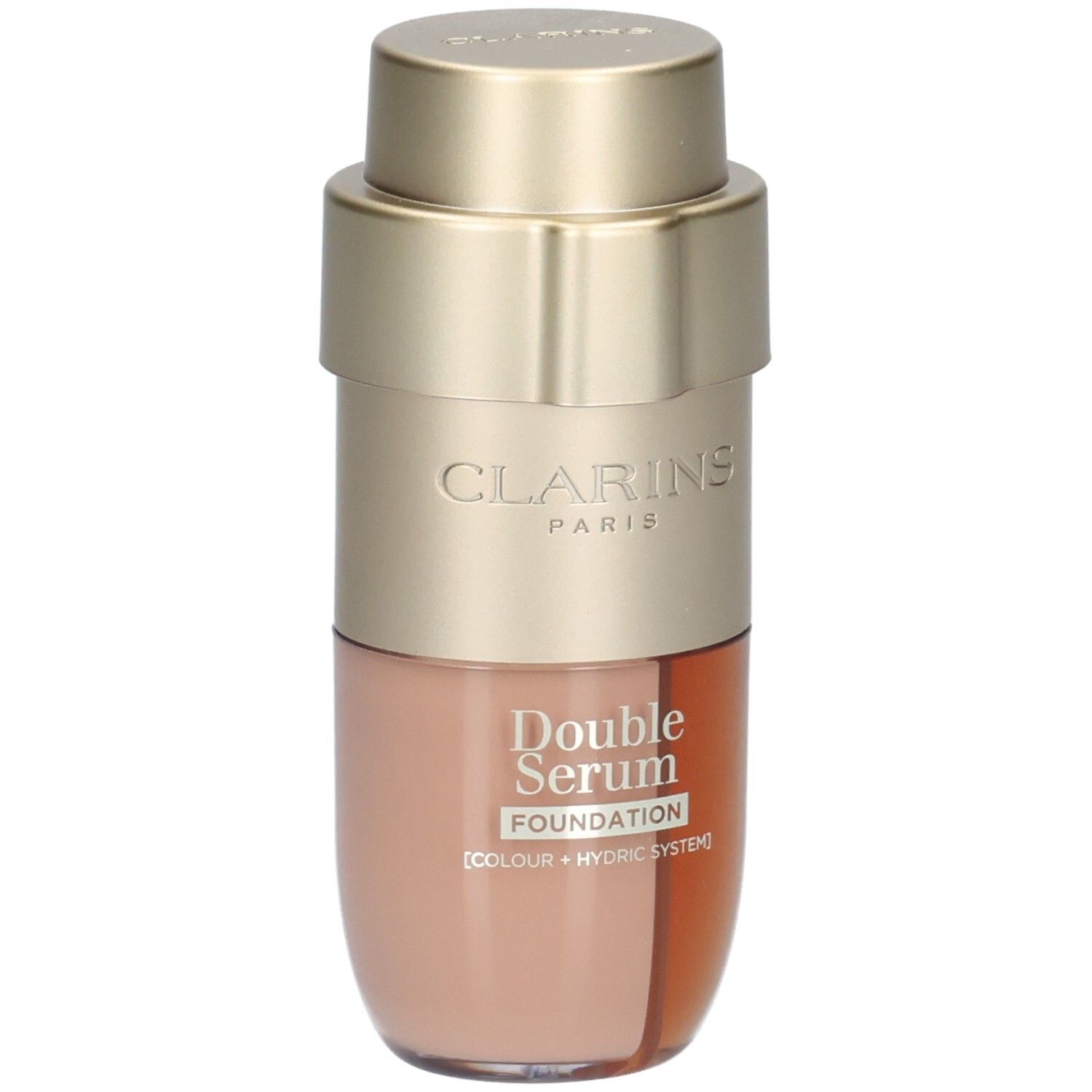 Clarins Double Serum Foundation M2N : flacon pompe doré avec fond de teint beige dans le compartiment inférieur.