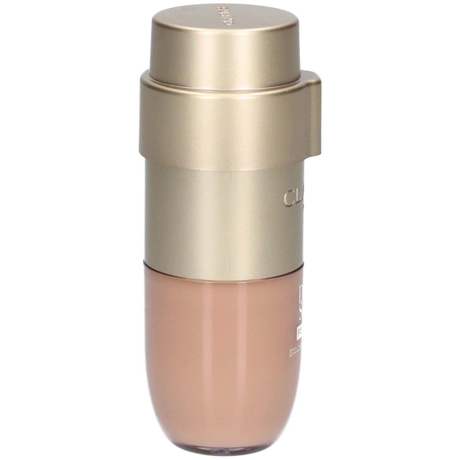 Flacon Clarins Double Serum Foundation avec distributeur doré, rempli d'une teinte de fond de teint claire.