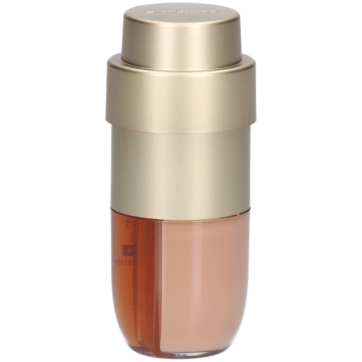 Flacon Clarins Double Serum Foundation avec distributeur doré, montrant les deux compartiments de fond de teint et sérum.