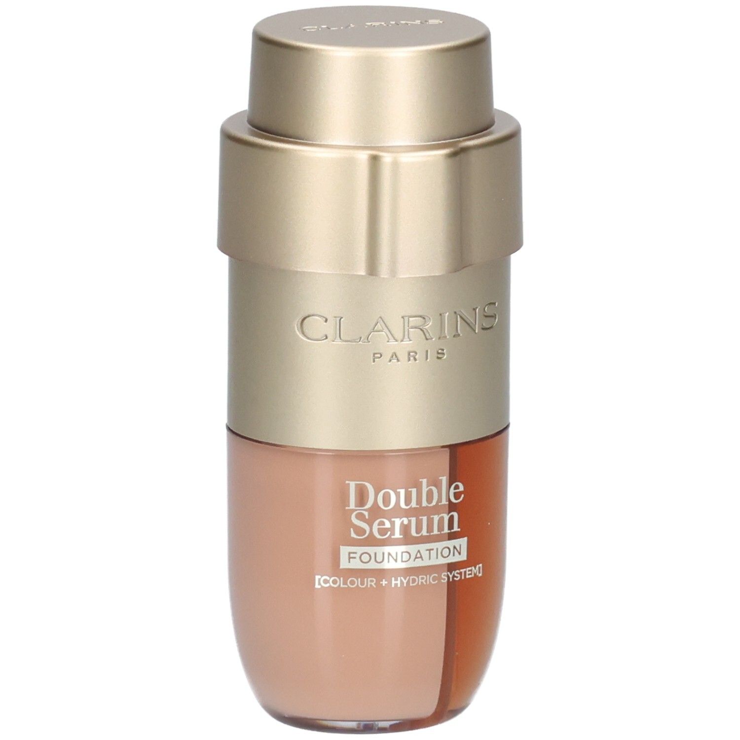 Flacon Clarins Double Serum Foundation avec distributeur doré, montrant le compartiment de fond de teint clair.