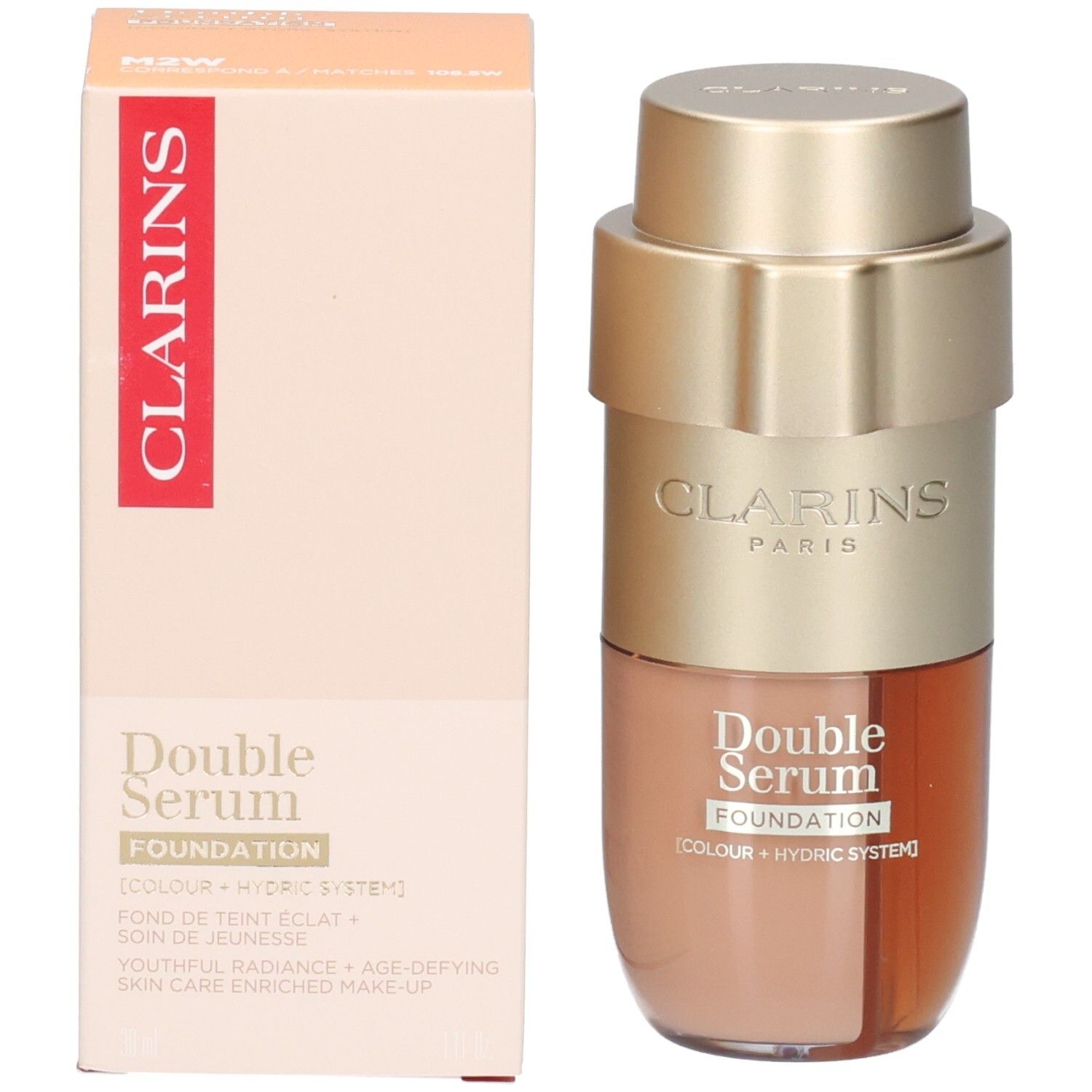 Flacon et emballage Clarins Double Serum Foundation avec distributeur doré et informations produit.