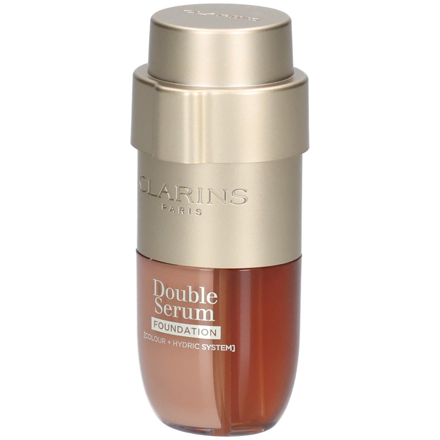 Clarins Double Serum Foundation M3C, flacon doré à deux compartiments, vue de face.