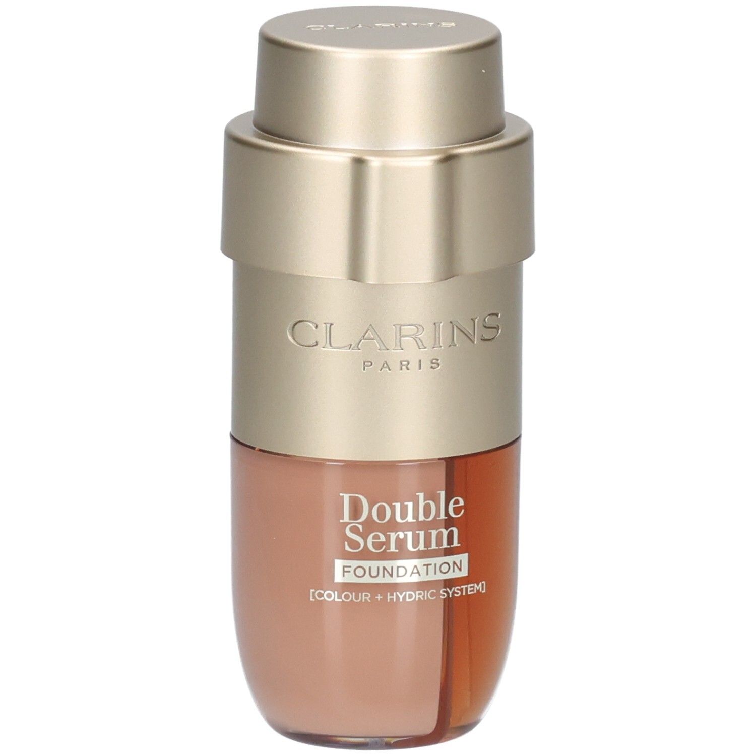 Clarins Double Serum Foundation M3C, flacon doré à deux compartiments, légèrement en biais.