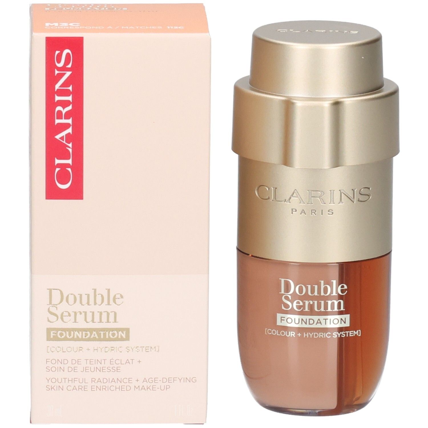Clarins Double Serum Foundation M3C et son emballage, flacon doré.