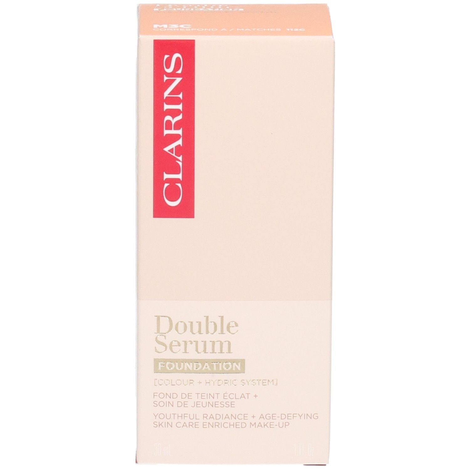 Emballage Clarins Double Serum Foundation M3C, beige avec bande rouge et écriture dorée.