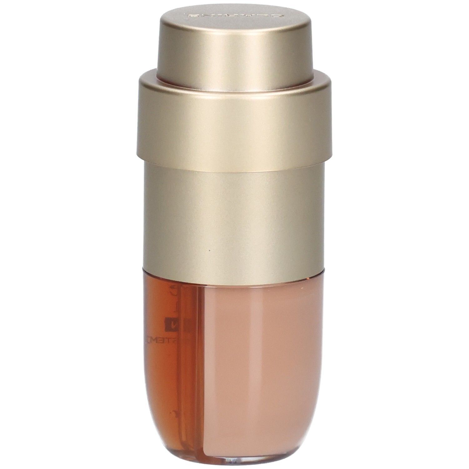 Flacon de fond de teint double avec distributeur doré, contenu beige et brun.