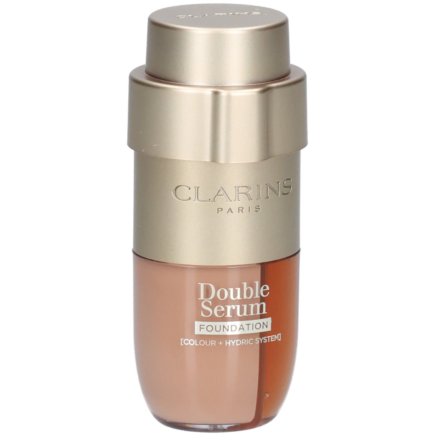 Flacon Clarins Double Serum Foundation avec distributeur doré et contenu bicolore.